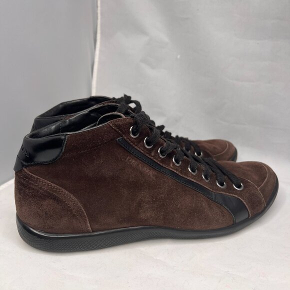 PRADA High Top laced Up Sneaker Suede Brown size 10.5 - Picture 6 of 14